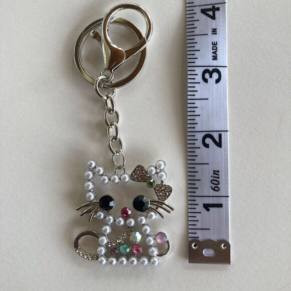 Sparkly Cat Keychain Purse Charm Silver Pearl Rhinestone Kitty Bag Gift - Picture 2 of 4